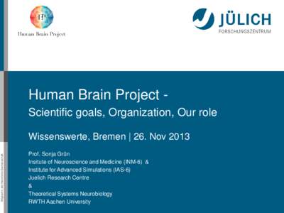 Human Brain Project Scientific goals, Organization, Our role  Mitglied in der Helmholtz-Gemeinschaft Wissenswerte, Bremen | 26. Nov 2013 Prof. Sonja Grün