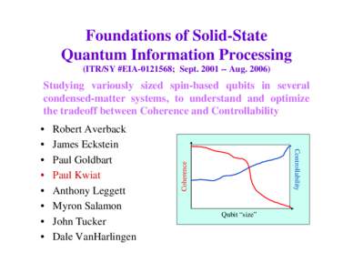 Foundations of Solid-State Quantum Information Processing (ITR/SY #EIA[removed]; Sept[removed]Aug[removed]Studying variously sized spin-based qubits in several condensed-matter systems, to understand and optimize