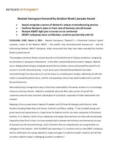 Nextant Aerospace Honored by Aviation Week Laureate Award    