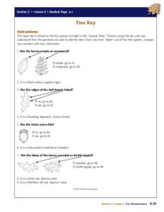 Section 2 • Lesson 2 • Student Page 4.1  Tree Key Instructions: This basic key is limited to the five species included in the “Sample Trees.” Practice using this key until you understand how the questions are use