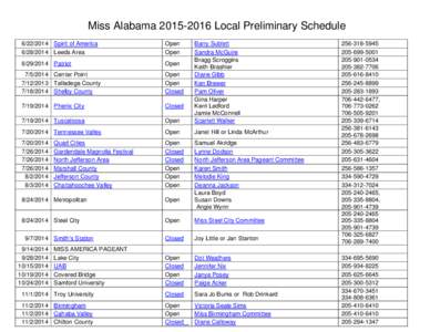 Miss AlabamaLocal Preliminary ScheduleSpirit of AmericaLeeds Area Open Open