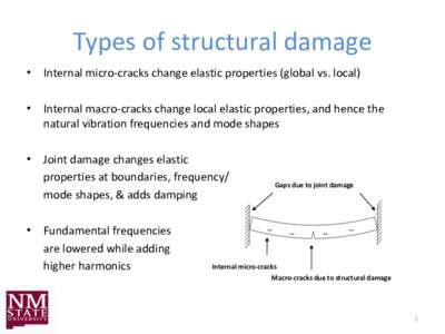 Types of structural damage • Internal micro-cracks change elastic properties (global vs. local) • Internal macro-cracks change local elastic properties, and hence the natural vibration frequencies and mode shapes •