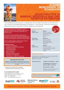 AUSIMM MONOGRAPH 30 ROADSHOW GOOD PRACTICE IN MINERAL RESOURCE AND ORE RESERVE ESTIMATION