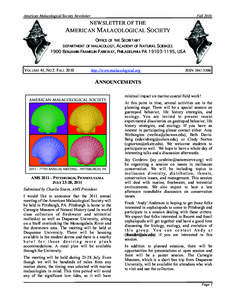American Malacological Society Newsletter  Fall 2010 NEWSLETTER OF THE AMERICAN MALACOLOGICAL SOCIETY