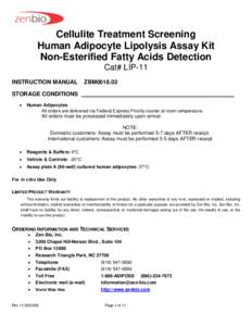 Cellulite Treatment Screening Human Adipocyte Lipolysis Assay Kit Non-Esterified Fatty Acids Detection Cat# LIP-11 INSTRUCTION MANUAL