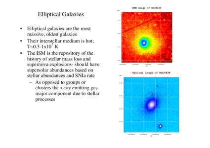 Elliptical Galaxies	 
 •  Elliptical galaxies are the most massive, oldest galaxies	 
 •  Their interstellar medium is hot;