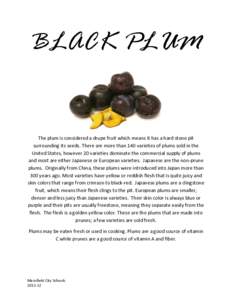 BLACK PLUM  The plum is considered a drupe fruit which means it has a hard stone pit surrounding its seeds. There are more than 140 varieties of plums sold in the United States, however 20 varieties dominate the commerci