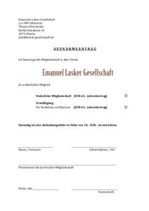 Emanuel Lasker Gesellschaft c/o SNP Schlawien Thomas Weischede KurfürstendammBerlin 