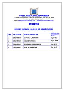 HOTEL ASSOCIATION OF INDIA B, Somdatt Chamber – I, Bhikaji Cama Place, New Delhi – INDIA Tel . : +, E-mail :  / 