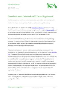 GreenPeak Press Release  03 Nov 2014  For immediate release GreenPeak Wins Deloitte Fast50 Technology Award Fast50 recognition confirms market leadership and stable, sustained growth