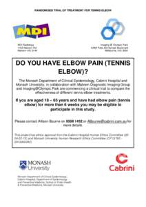 Sports medicine / Tennis elbow / Monash University / Epidemiology / Monash University Faculty of Medicine /  Nursing and Health Sciences / Health / Health sciences / Medicine