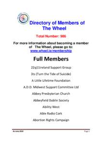 Directory of Members of The Wheel Total Number: 986 For more information about becoming a member of The Wheel, please go to: www.wheel.ie/membership