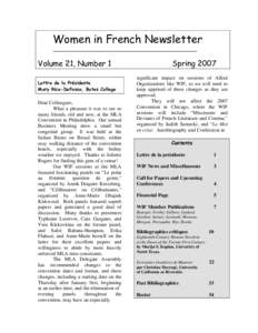 Women in French Newsletter _________________________________________________________ Volume 21, Number 1 Lettre de la Présidente Mary Rice-DeFosse, Bates College