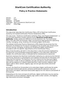 StartCom Certification Authority Policy & Practice Statements Version: Status: Updated: