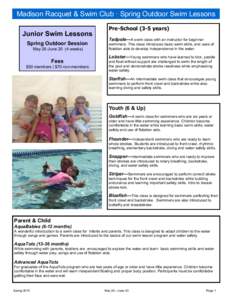 Madison Racquet & Swim Club · Spring Outdoor Swim Lessons Junior Swim Lessons Spring Outdoor Session May 26-Juneweeks)  Fees
