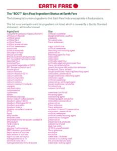 The “BOOT” List: Food Ingredient Status at Earth Fare The following list contains ingredients that Earth Fare finds unacceptable in food products. This list is not exhaustive and any ingredient not listed, which is c