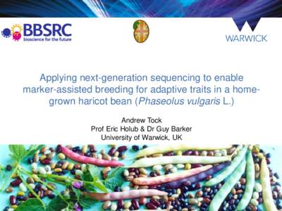 Applying next-generation sequencing to enable marker-assisted breeding for adaptive traits in a homegrown haricot bean (Phaseolus vulgaris L.) Andrew Tock Prof Eric Holub & Dr Guy Barker University of Warwick, UK