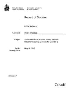 Record of Decision - Hydro-Québec - Nuclear Reactor Decommissioning Licence for Gentilly-2