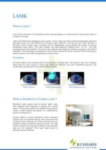 LASIK What is Lasik ? Laser Vision correction or Lasik takes you from wearing glasses or contact lenses to clear natural vision in a matter of minutes. Lasik at Rushabh Eye Hospital & Laser Center is done using one of th