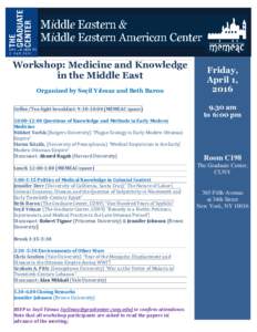 Workshop: Medicine and Knowledge in the Middle East Organized by Seçil Yılmaz and Beth Baron Coffee/Tea-light breakfast: 9:30-10:00 (MEMEAC space) 10:00-12:00 Questions of Knowledge and Methods in Early Modern Medicine