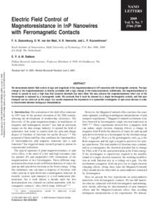 NANO LETTERS Electric Field Control of Magnetoresistance in InP Nanowires with Ferromagnetic Contacts