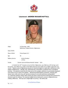 Lieutenant ANDREW RICHARD NUTTALL  Killed: 23 December, 2009 Nakhonay, Panjwaii District, Afghanistan