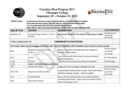 Canadian Host Program 2011 Okanagan College September 29 – October 10, 2011 CONTACT INFO:  Gordon Shuster (Seminar Leader) 250‐862‐5443 ext‐8477 (mobile)
