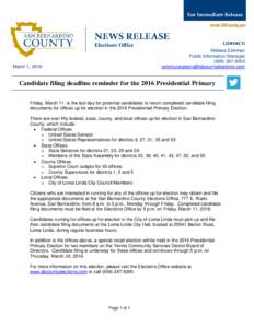 Press Release - Candidate Filing Deadline Reminder