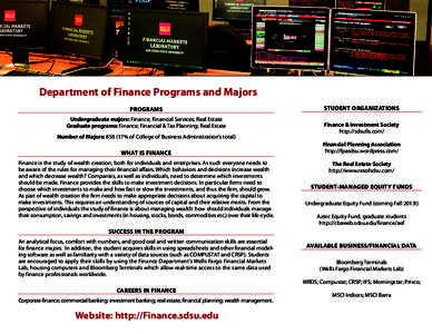 Department of Finance Programs and Majors PROGRAMS Undergraduate majors: Finance; Financial Services; Real Estate Graduate programs: Finance; Financial & Tax Planning; Real Estate  STUDENT ORGANIZATIONS