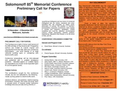 th  Solomonoff 85 Memorial Conference Preliminary Call for Papers  30 November – 2 December 2011
