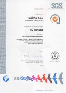 Certificate CH0710129  management system of PANSPED d.o,o. Vojvode Supljikca40,21000 Novi Sad, Serbia