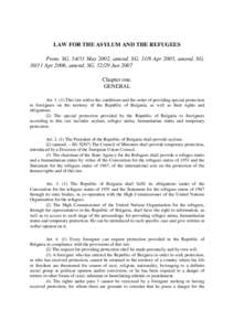 Bulgaria Asylum and Refugees Law - amended 29Jun07