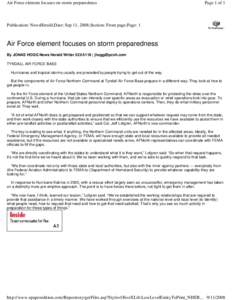 Air Force element focuses on storm preparedness  Page 1 of 1 Publication: NewsHerald;Date: Sep 11, 2008;Section: Front page;Page: 1