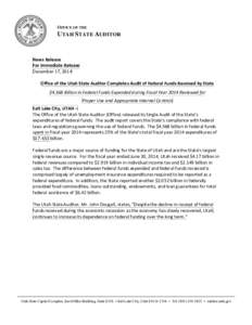 OFFICE OF THE  UTAH STATE AUDITOR News Release For Immediate Release