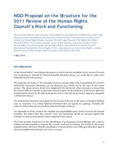 NGO Proposal on the Structure for the 2011 Review of the Human Rights Council’s Work and Functioning Amnesty International, Asian Forum for Human Rights and Development (FORUM‐ASIA), Asian Legal  Resource