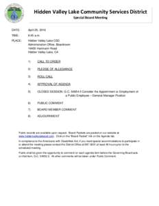 Hidden Valley Lake Community Services District Special Board Meeting DATE:  April 25, 2016
