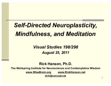 Self-Directed Neuroplasticity, Mindfulness, and Meditation Visual StudiesAugust 25, 2011 Rick Hanson, Ph.D. The Wellspring Institute for Neuroscience and Contemplative Wisdom