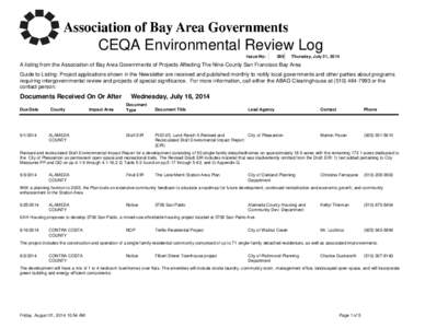 CEQA Environmental Review Log Issue No: 369  Thursday, July 31, 2014
