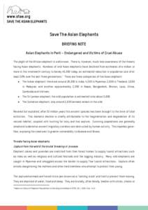 Save The Asian Elephants BRIEFING NOTE Asian Elephants in Peril – Endangered and Victims of Cruel Abuse The plight of the African elephant is well known. There is, however, much less awareness of the threats facing Asi