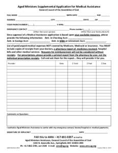 APPLICATION FOR AGED MINISTERS ASSISTANCE