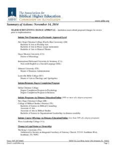 www.abhe.org  Summary of Actions: November 14, 2014 MAJOR SUBSTANTIVE CHANGE APPROVAL – Institution must submit proposed changes for review prior to implementation.