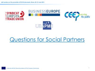 Joint seminar on the promotion of EU SD instruments, Rome, 20-21 JuneQuestions for Social Partners Produced with the financial assistance of the European Commission