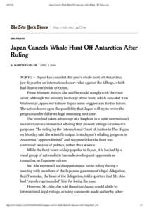 Japan Cancels Whale Hunt Off Antarctica After Ruling - NYTimes.com http://nyti.ms/1gpCYas