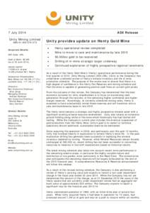 ASX release -Unity provides update on Henty Gold Mine