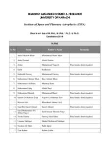 BOARD OF ADVANCED STUDIES & RESEARCH UNIVERSITY OF KARACHI Institute of Space and Planetary Astrophysics (ISPA) Final Merit list of M.Phil., M.Phil./ Ph.D. & Ph.D. Candidates 2014