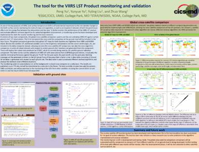 To monitor and validate the VIIRS LST Product    Peng Yu1, Yunyue Yu2, Yuling Liu1, and Zhuo Wang1 1ESSIC/CICS, UMD, College Park, MD 2STAR/NESDIS, NOAA, College Park, MD