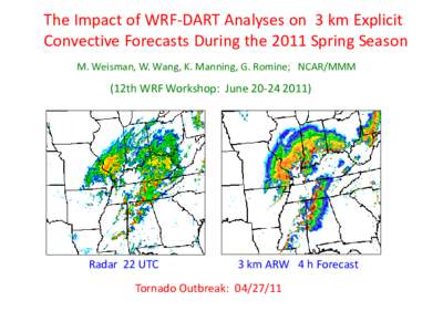 The Impact of WRF-DART Analyses on 3 km Explicit Convective Forecasts During the 2011 Spring Season M. Weisman, W. Wang, K. Manning, G. Romine; NCAR/MMM (12th WRF Workshop: June)