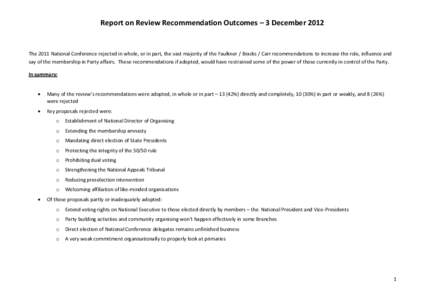 Report on Review Recommendation Outcomes – 3 December[removed]The 2011 National Conference rejected in whole, or in part, the vast majority of the Faulkner / Bracks / Carr recommendations to increase the role, influence 
