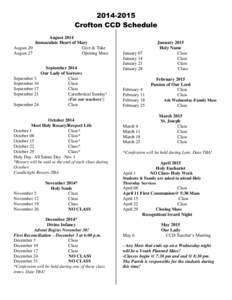 Crofton CCD Schedule August 2014 Immaculate Heart of Mary August 20 Give & Take