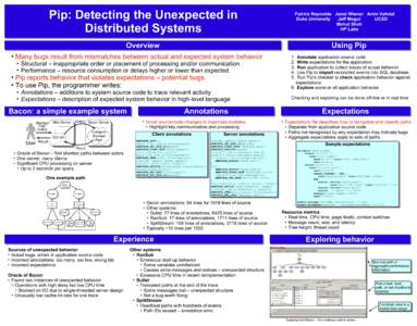 Pip: Detecting the Unexpected in Distributed Systems Patrick Reynolds Janet Wiener Amin Vahdat Jeff Mogul Duke University